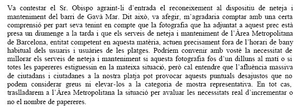 Resposta de l'Equip de Govern de l'Ajuntament de Gav� al prec del PPC de Gav� demanant la millora de la neteja a l'entorn del passeig mar�tim de Gav� Mar (24 de Juliol de 2008)